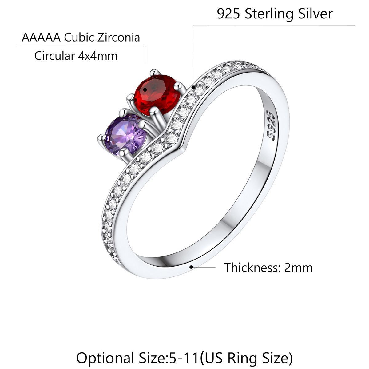 Personalized 1-4 Birthstone Family Rings for Women 925 Sterling Silver size