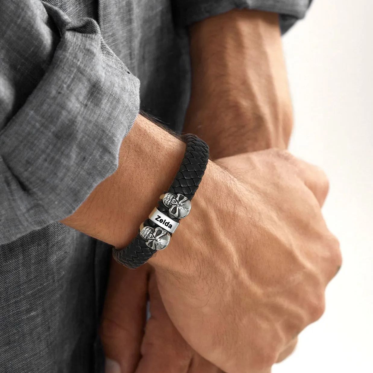 Bracelet Homme Crâne en Cuir Personnalisé