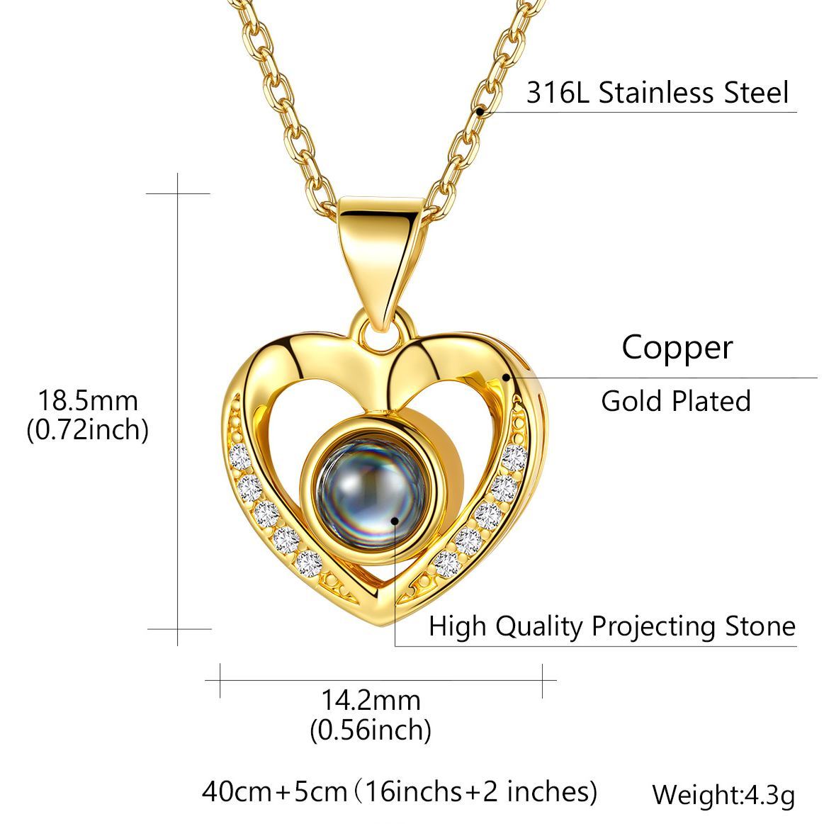 Personalized Heart Photo Projection Necklace in solide material