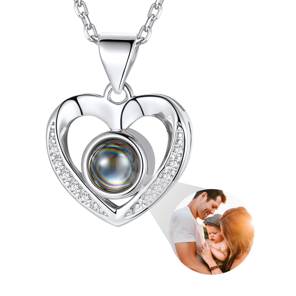 silver Personalized Heart Photo Projection Necklace with Photo Inside