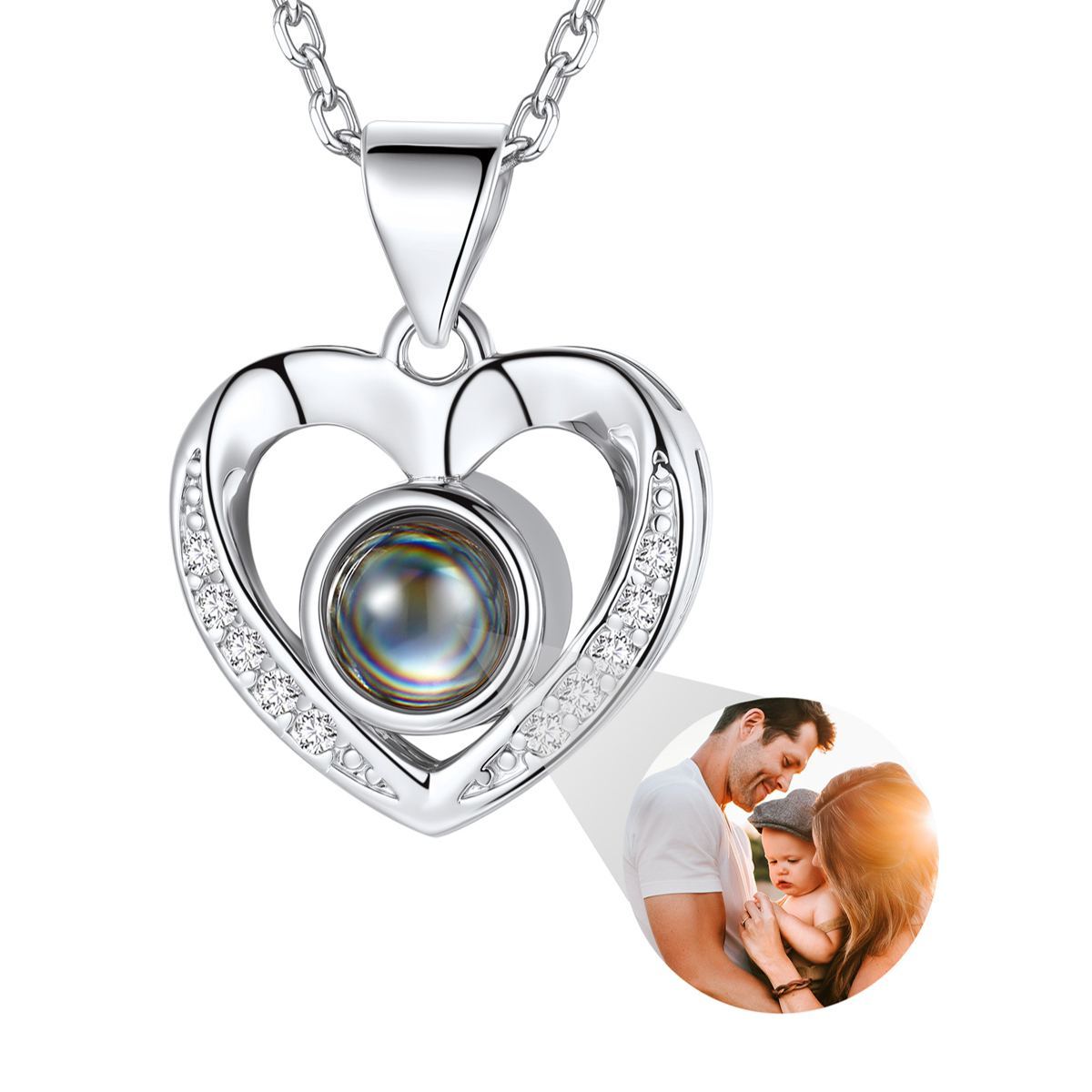 silver Personalized Heart Photo Projection Necklace with Photo Inside