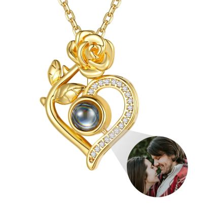 Rose Heart Photo Projection gold Necklace