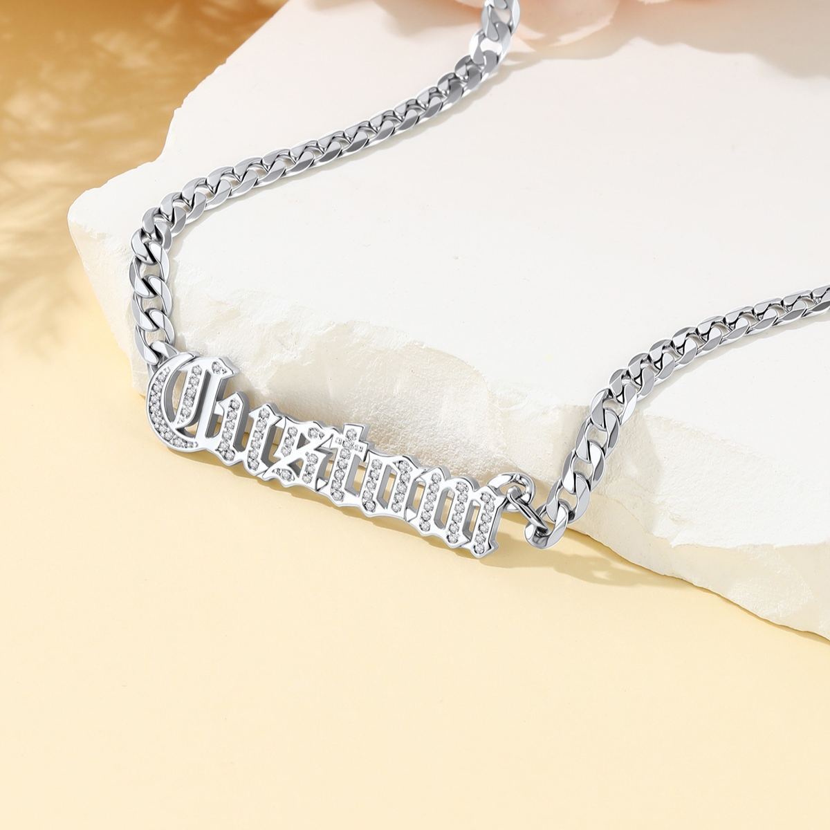 Custom CZ Nameplated Cuban Chain Necklace silver 