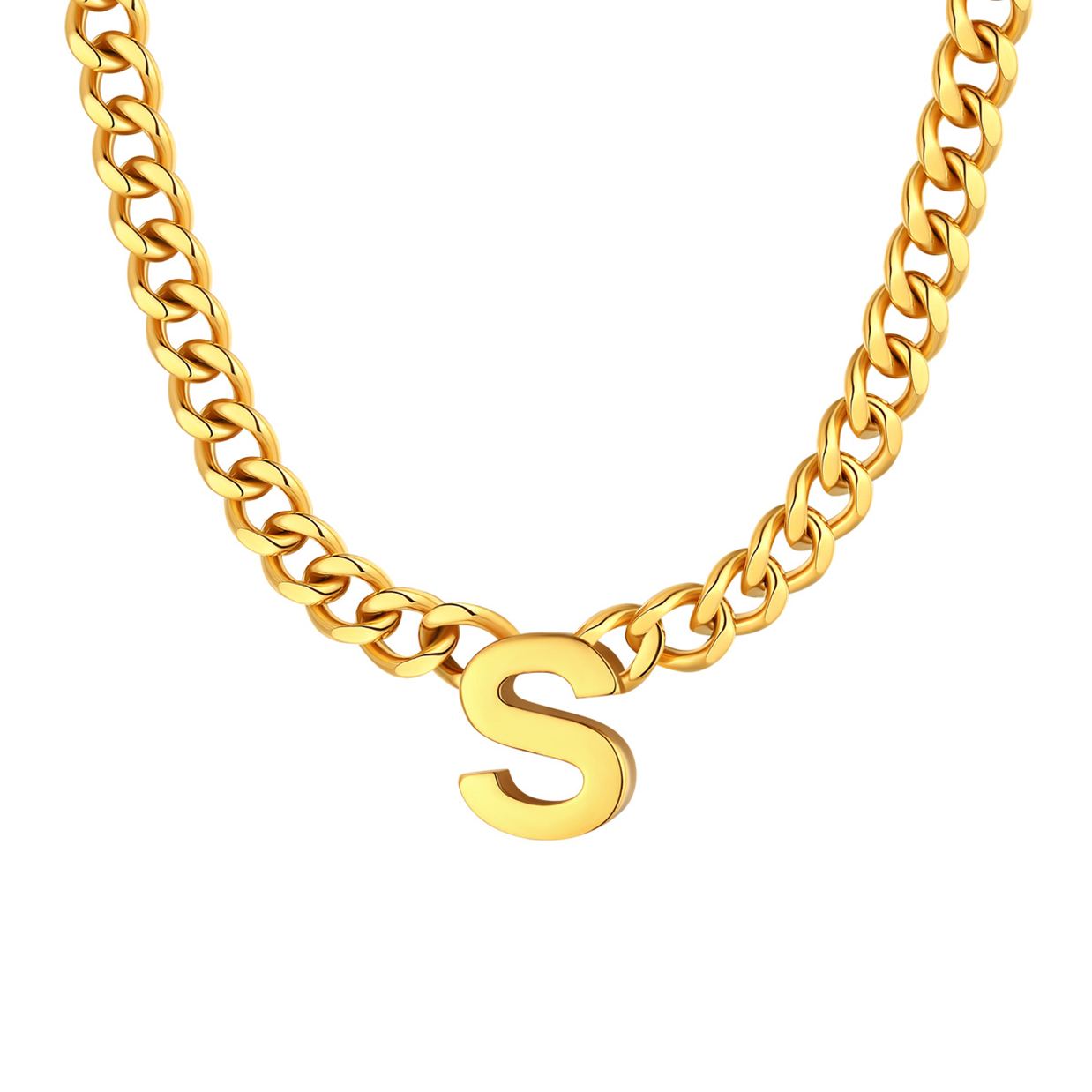 Initial S Cuban Chain Necklace for Men Women 7MM gold 