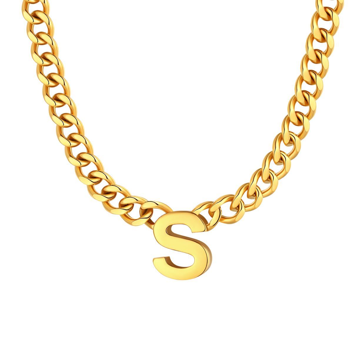 Initial S Cuban Chain Necklace for Men Women 7MM gold 