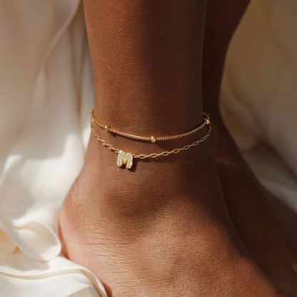 CZ Bubble Initial Anklet with Layered Chains for Her