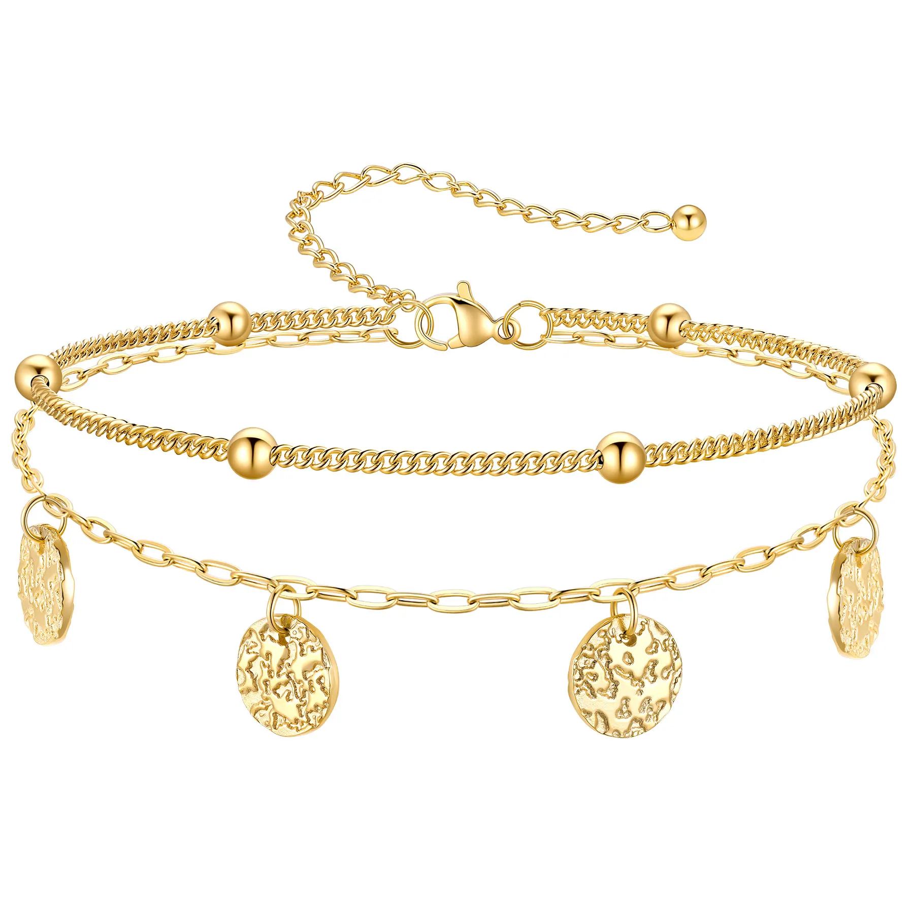 Disc Charm Anklet with Adjustable Layered Design gold