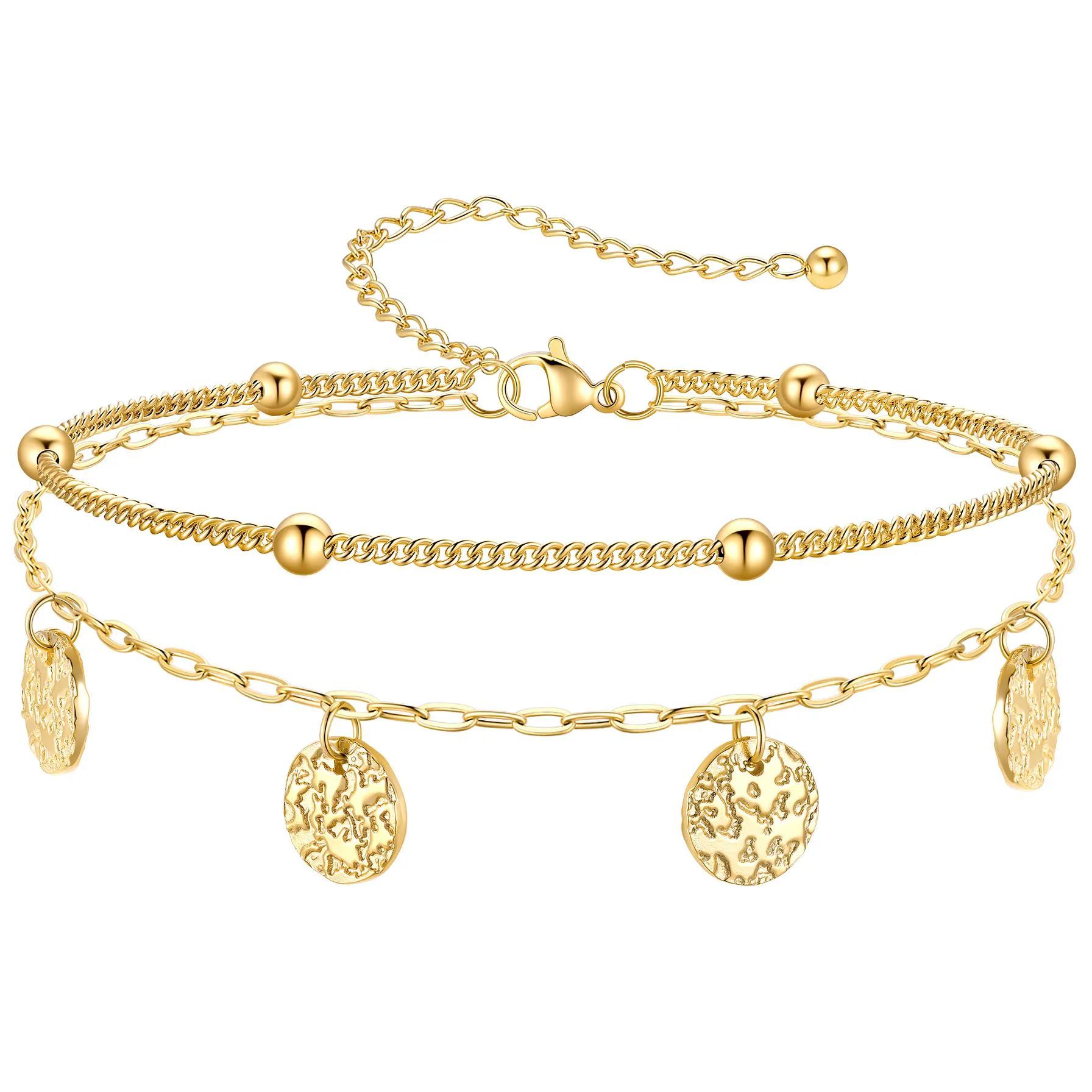 Disc Charm Anklet with Adjustable Layered Design gold