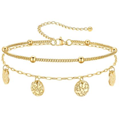 Disc Charm Anklet with Adjustable Layered Design gold