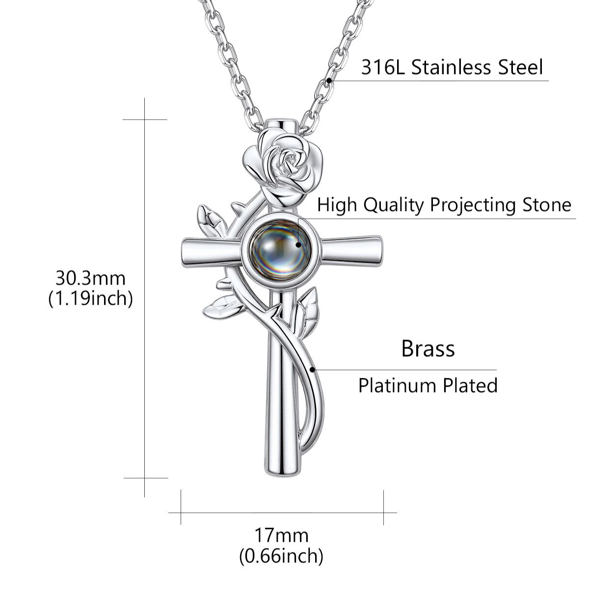 Rose Cross Projection Photo Necklace Size