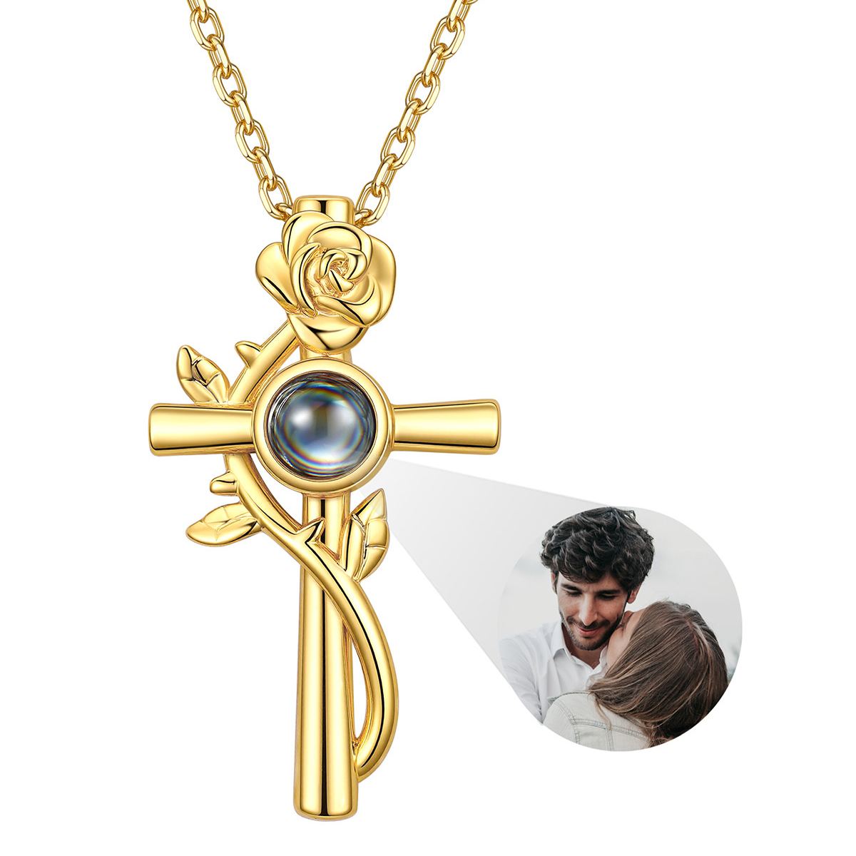 Rose Cross Projection Photo Necklace Gold