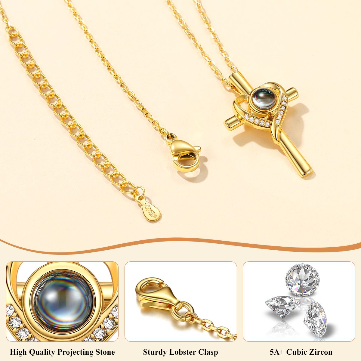 Custom Photo Projection Cross Gold Necklace