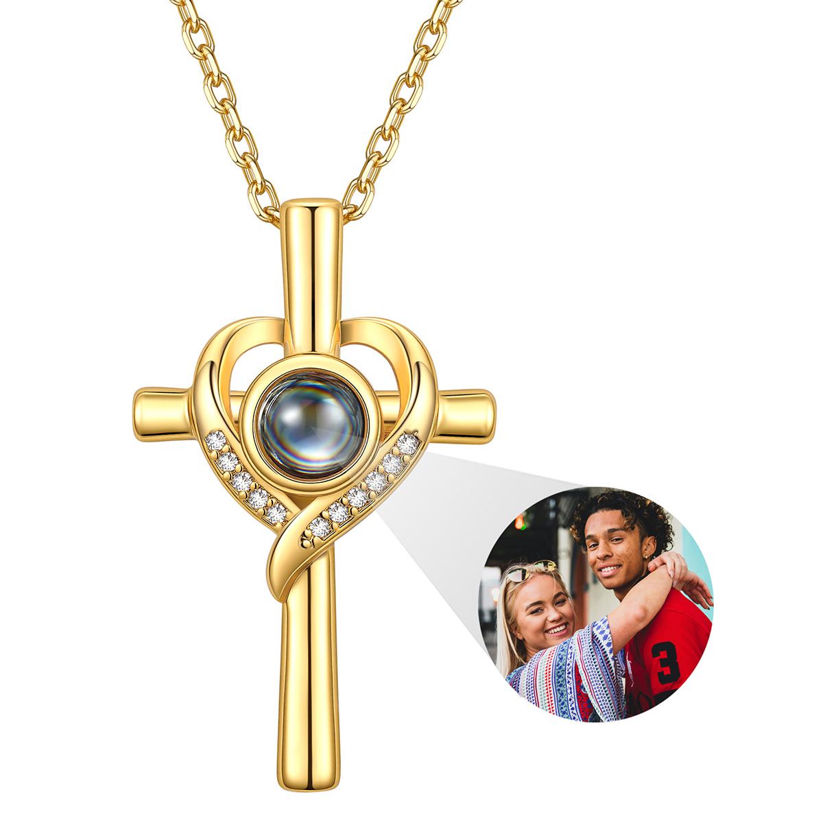 Gold Custom Photo Projection Cross Necklace