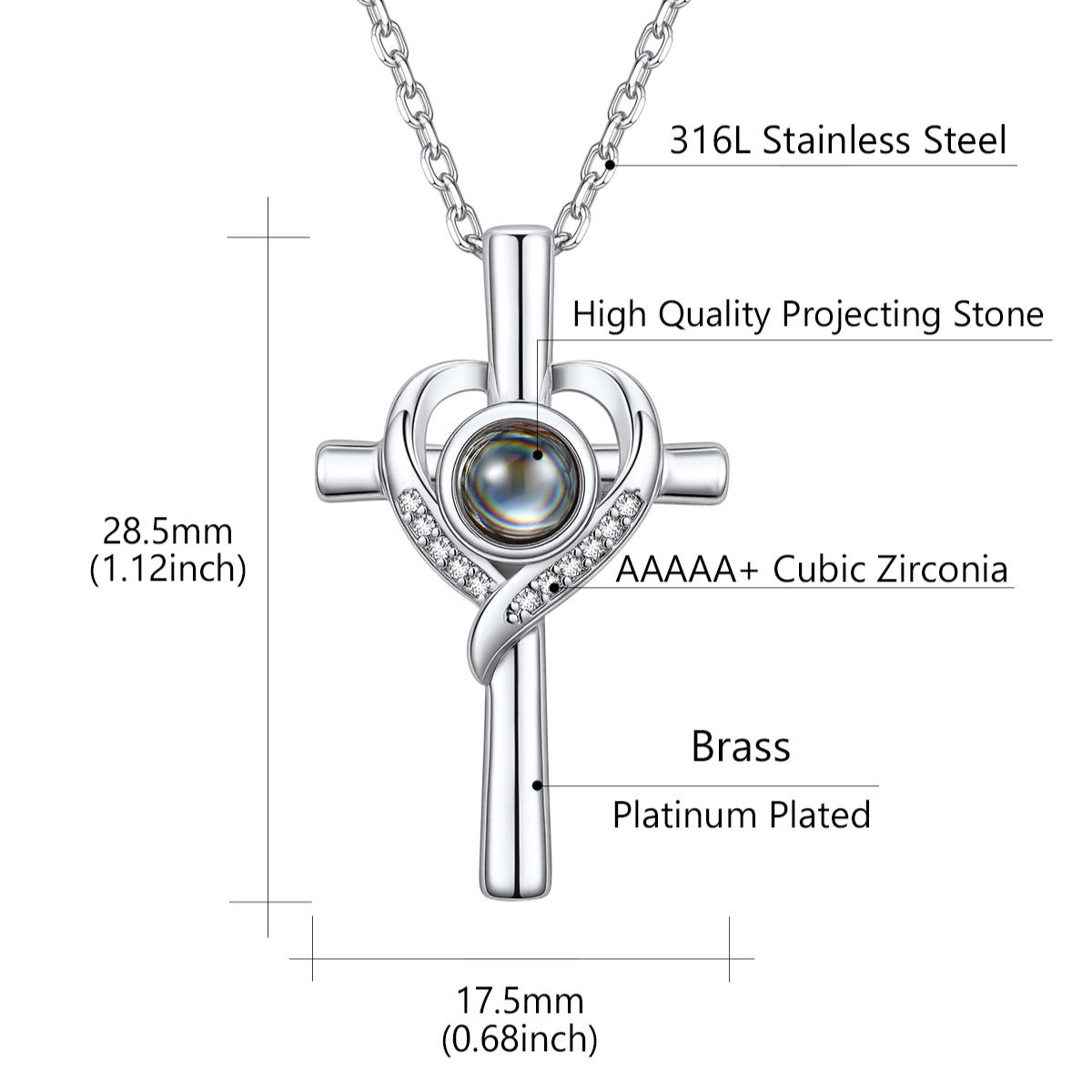 Custom Photo Projection Cross Necklace Size