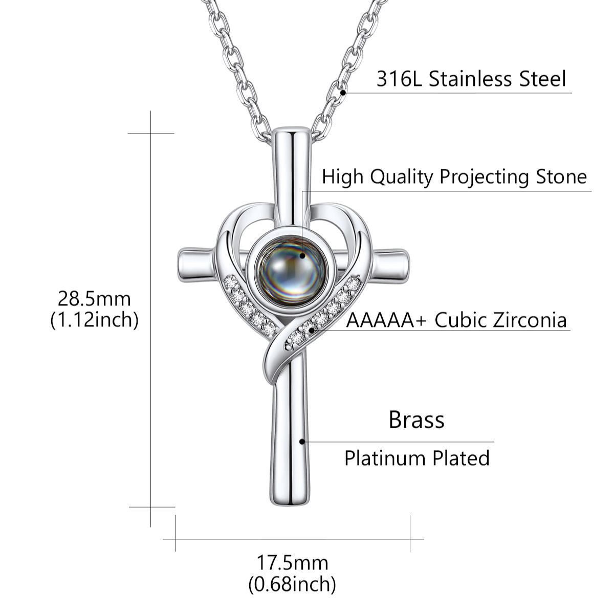 Custom Photo Projection Cross Necklace Size