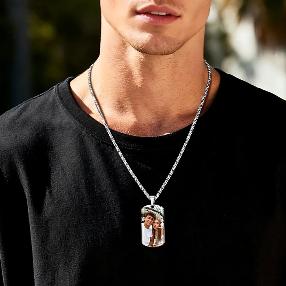 Custom Dog Tag Photo Necklace with Engraved Text for dad