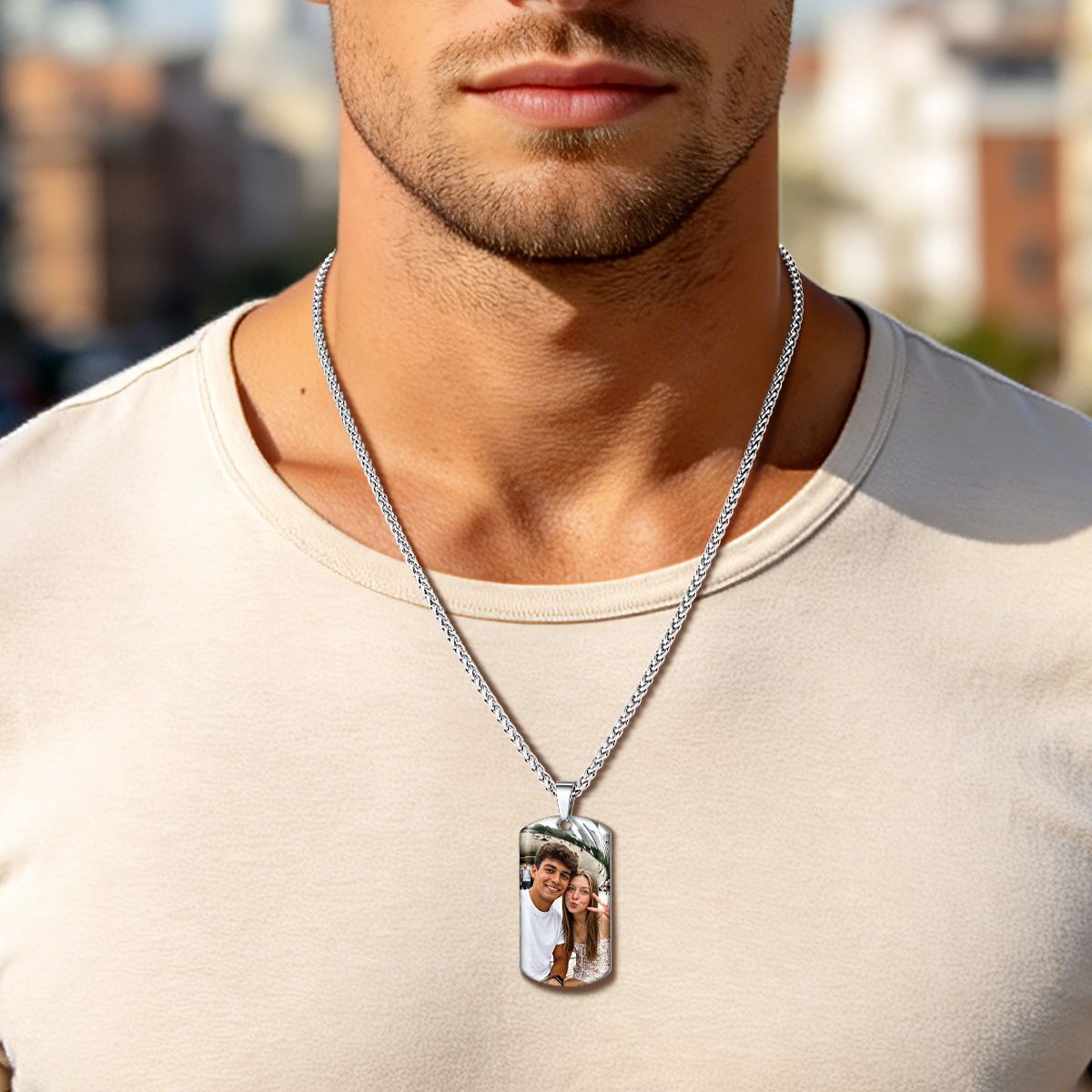Custom Dog Tag Photo Necklace with Engraved Text for women