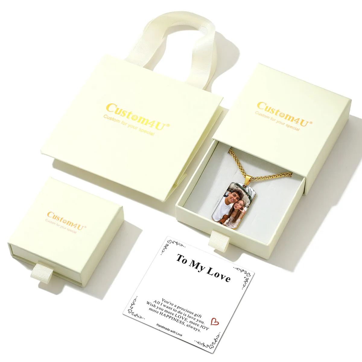 Custom Dog Tag Photo Necklace with Engraved Text  with gift box