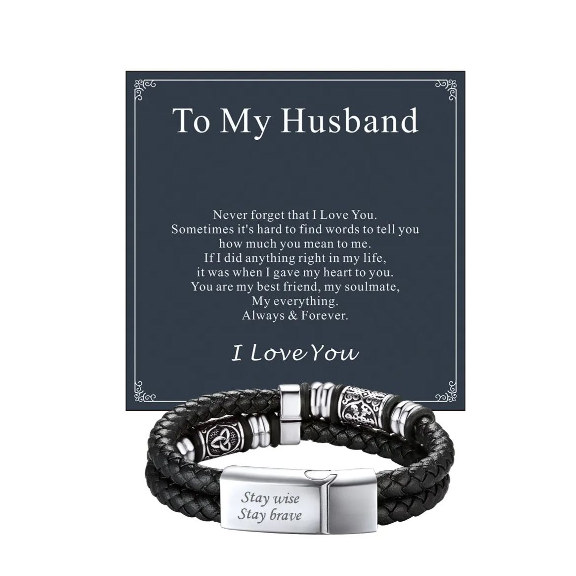 Personalized Braided Leather Bracelet for Men with Greeting Card to husband