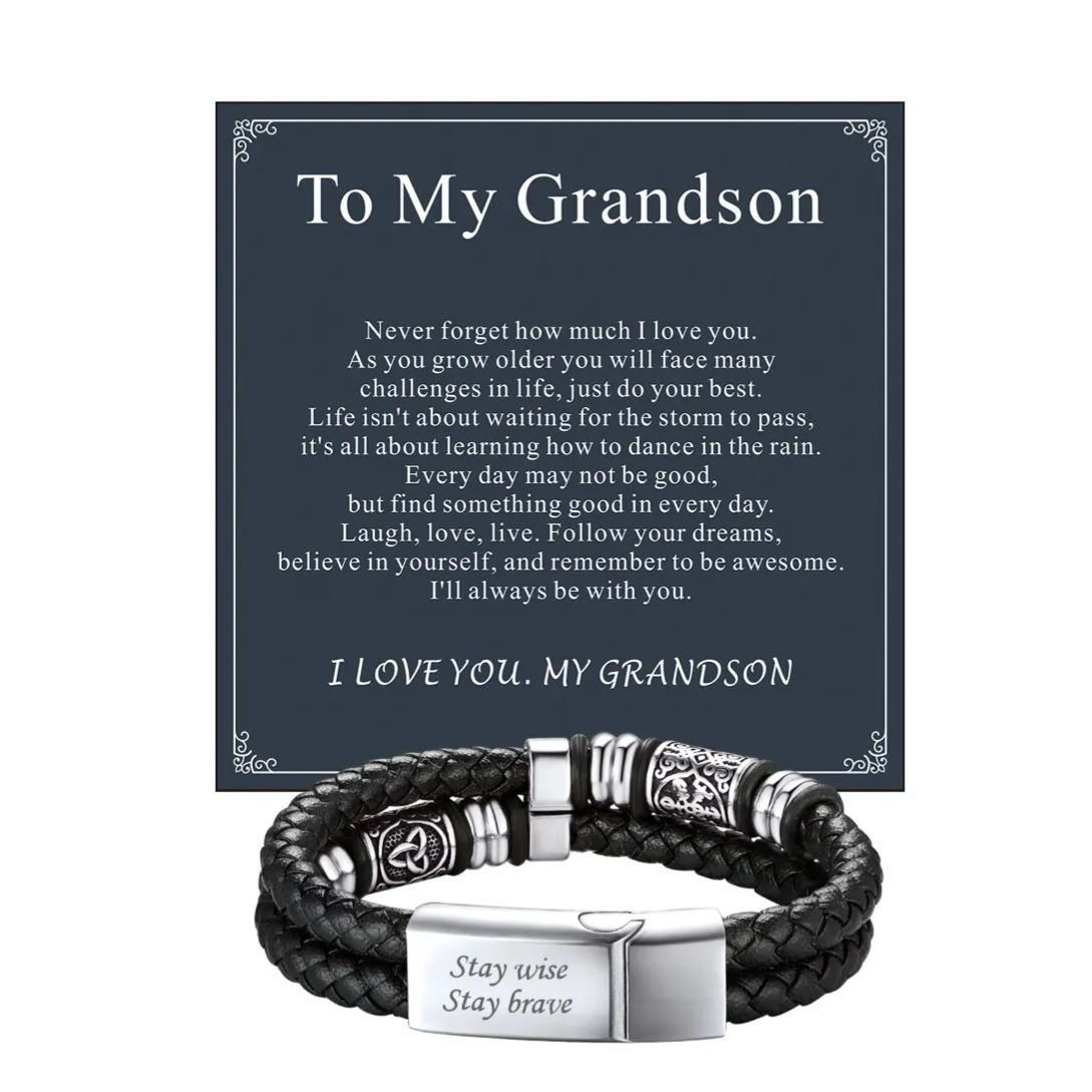 Personalized Braided Leather Bracelet for Men with Greeting Card gift for grandson