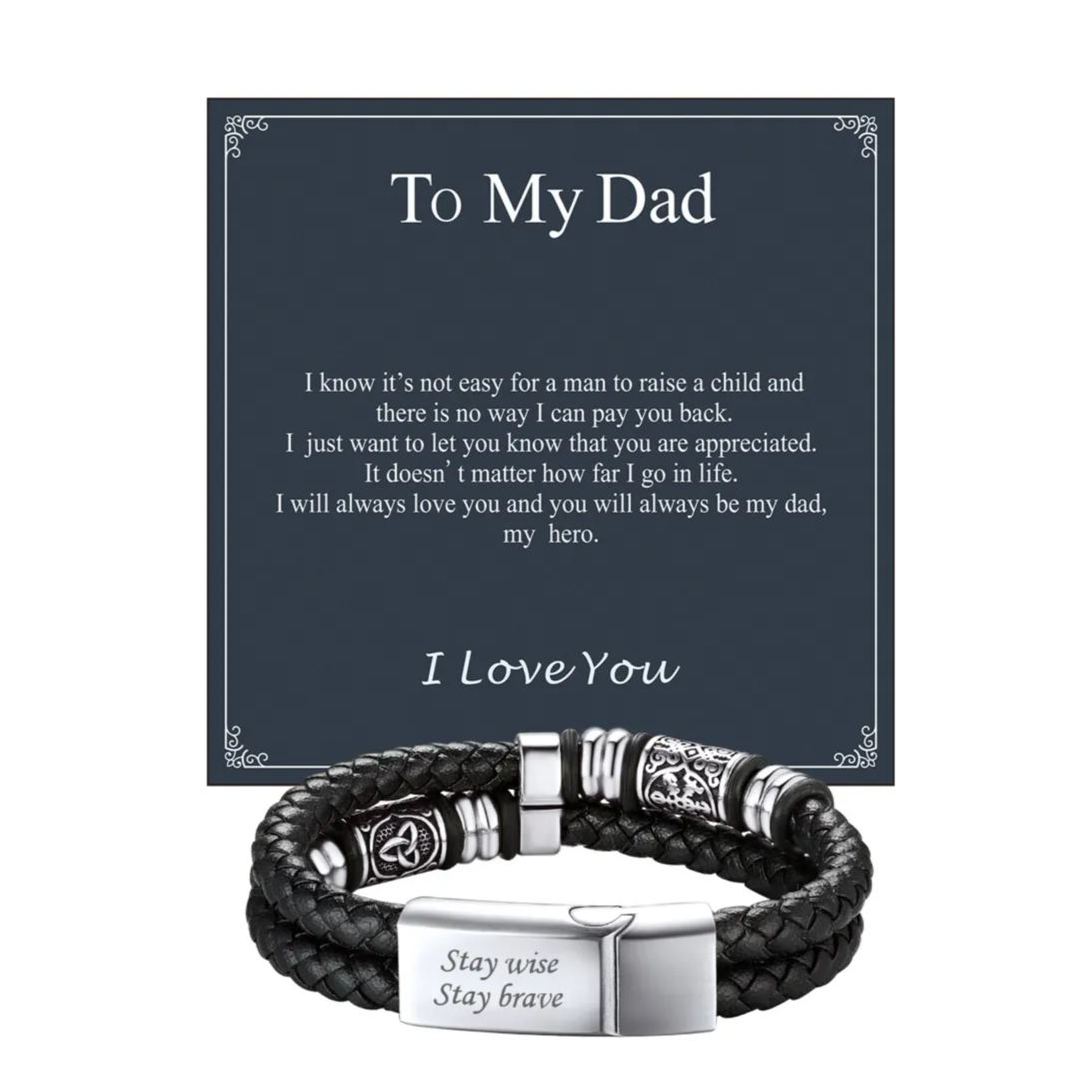 Personalized Braided Leather Bracelet for Men with Greeting Card for dad
