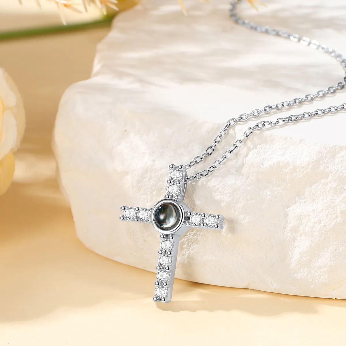 CZ Personalized Photo Projection Cross Necklace for Women Silver Jewelry