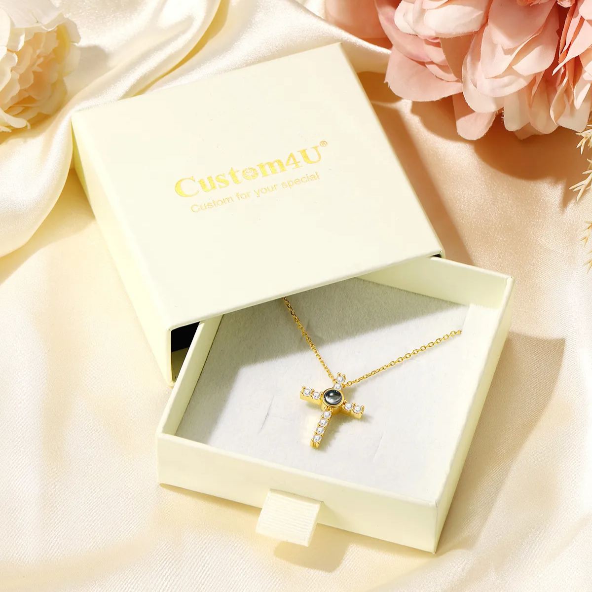 CZ Personalized Photo Projection Cross Necklace for Women with Gift Box
