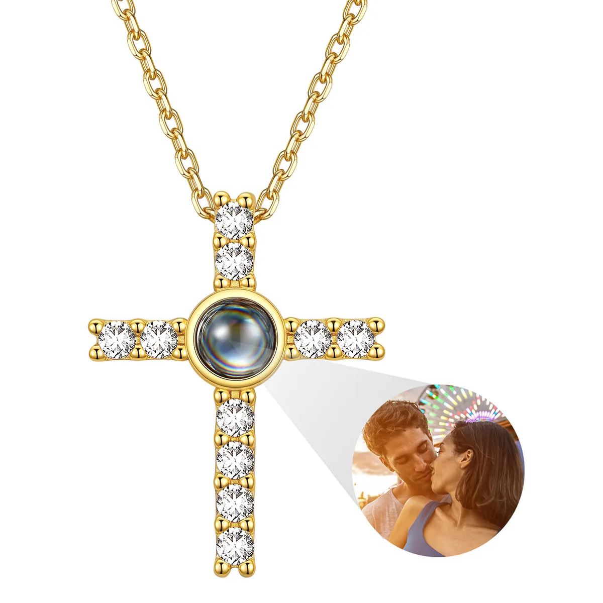 CZ Personalized Photo Projection Cross Necklace for Women Gift for Mom