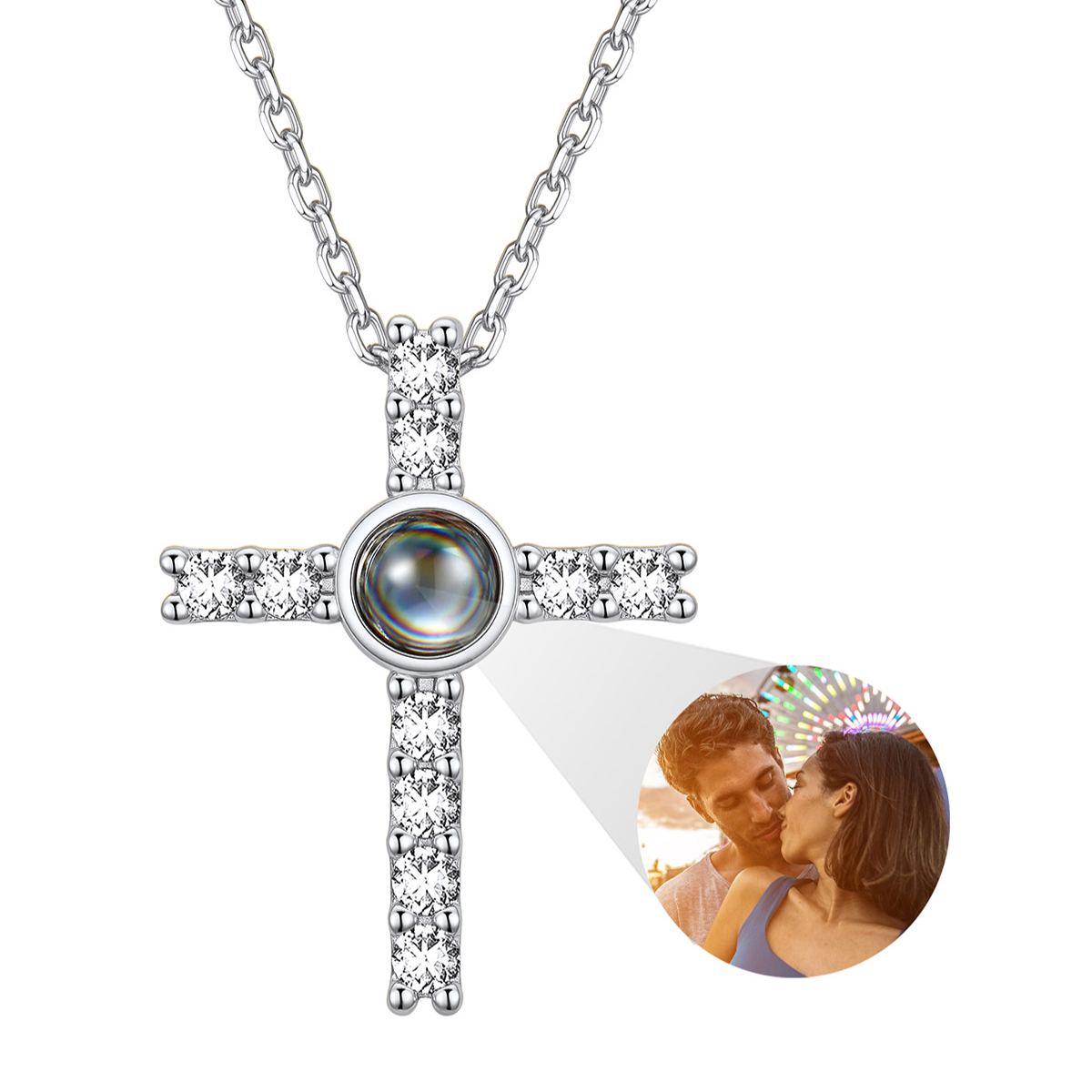 CZ Personalized Photo Projection Cross Necklace for Women Silver