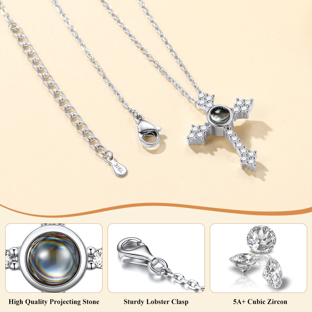 CZ Custom Photo Projection Cross Necklace 