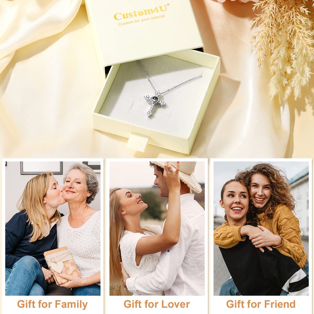 CZ Custom Photo Projection Cross Necklace for Women for Lover
