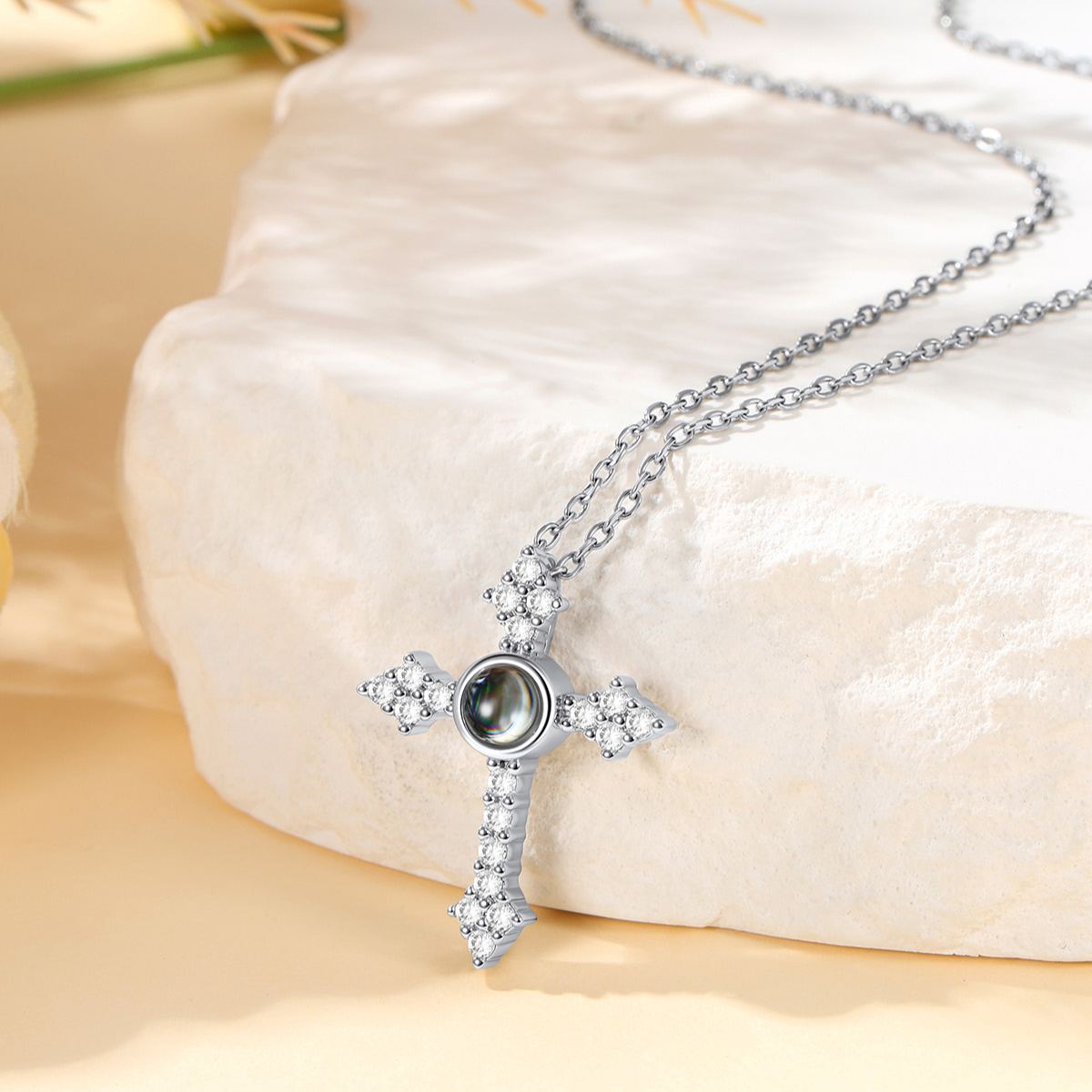 CZ Custom Photo Projection Cross Necklace for Women Gift for Her