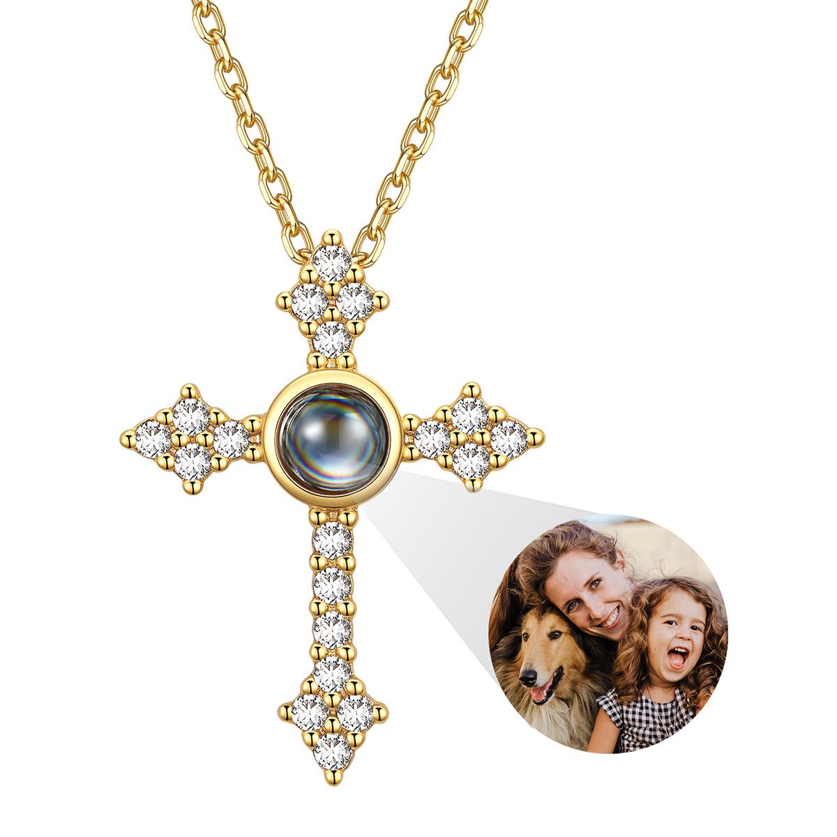 CZ Custom Photo Projection Cross Necklace for Women Gold