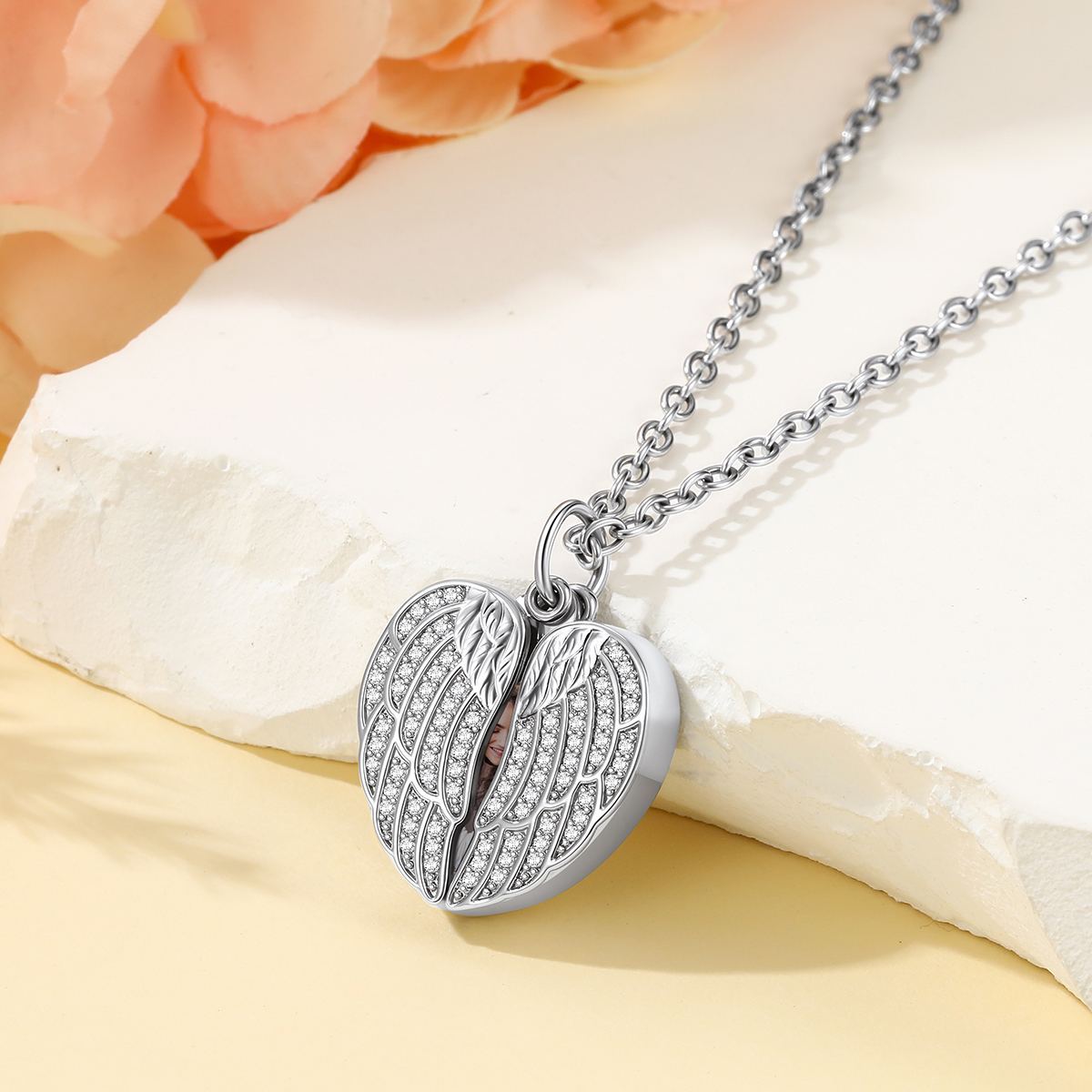 Personalized Angel Wings Heart Locket Necklace with Picture For Women