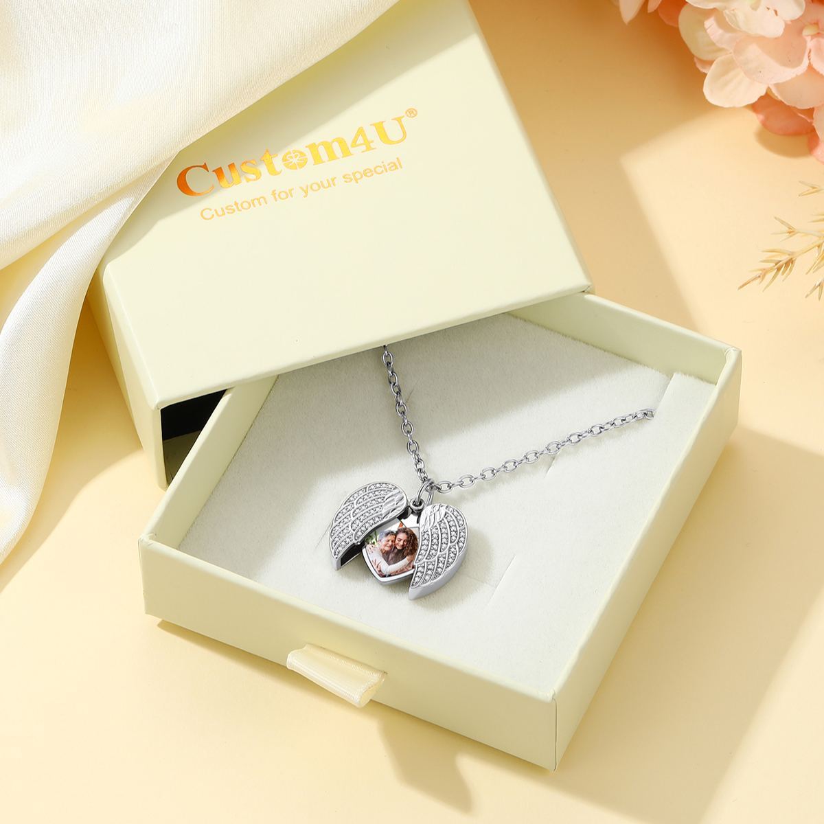 Personalized Angel Wings Heart Locket Necklace with Picture For Women Anniversary Gift