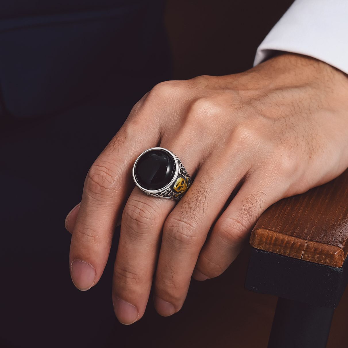 Personalized Gothic Black Onyx Skull Ring for Men 