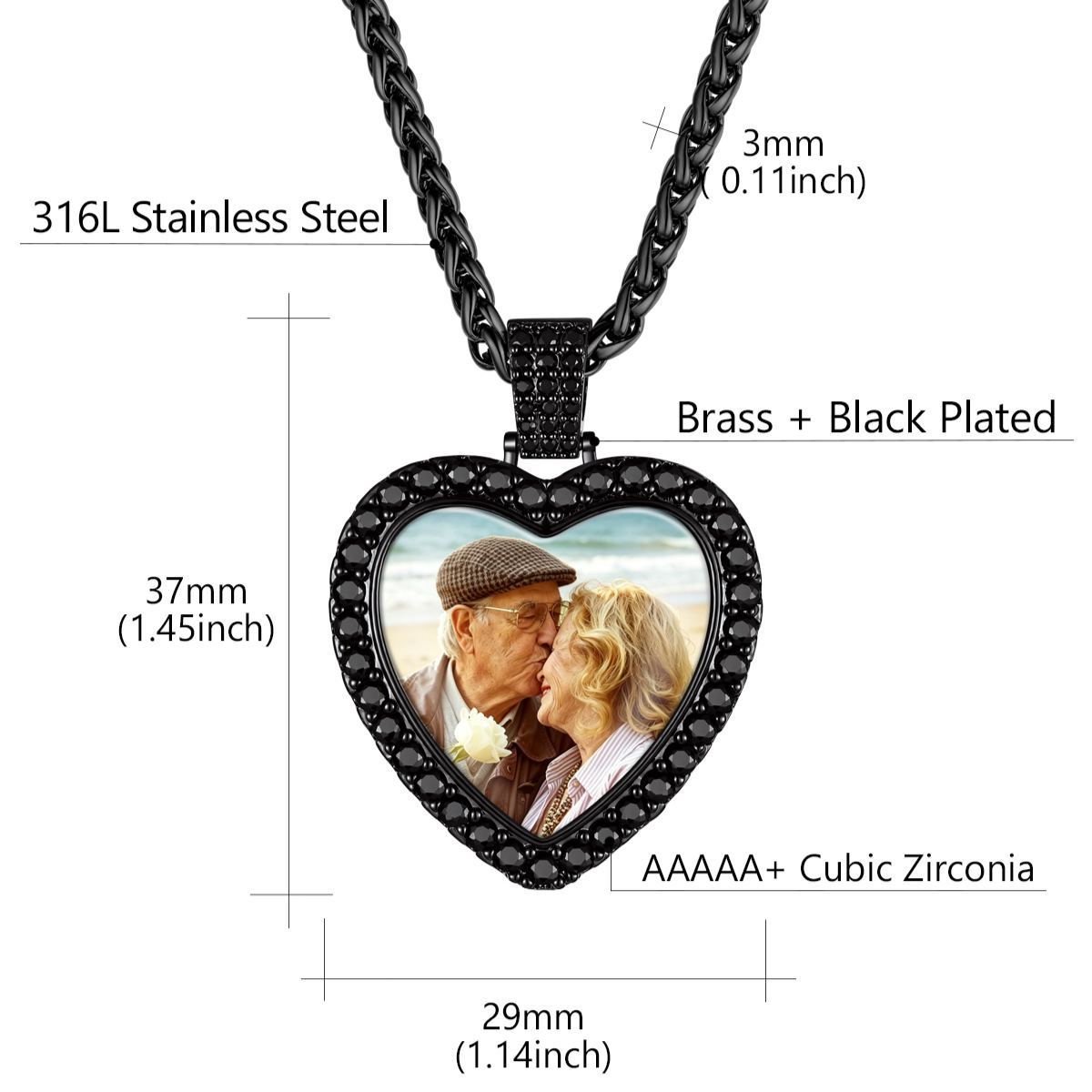Custom Photo Engraved Heart Pendant Necklace for Men Women Size