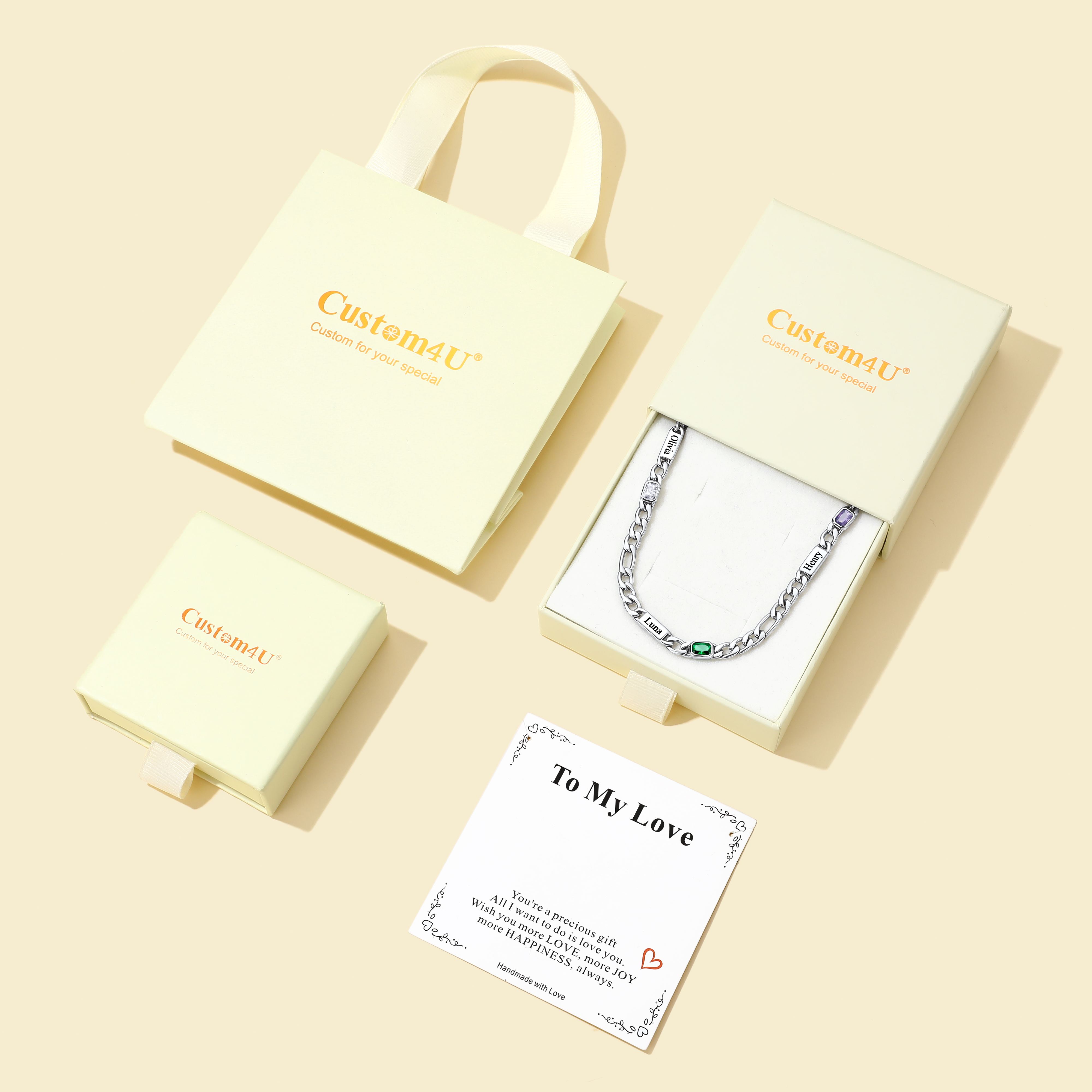Custom 1-5 Names Birthstones Figaro Chain Keepsake Necklace Birthday Gift 