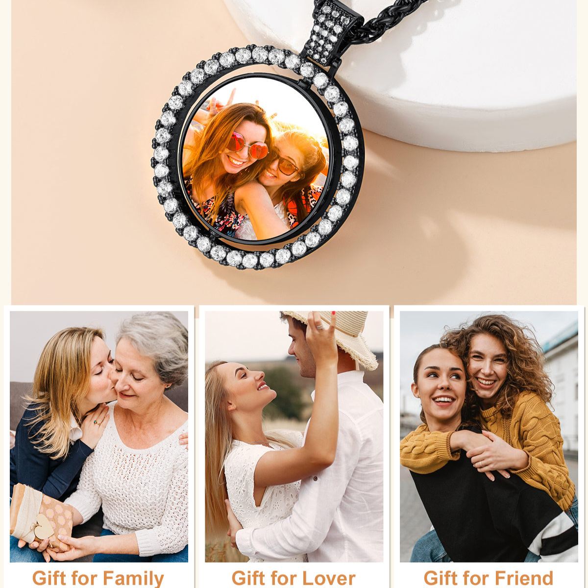 Personalized Rotatable Double Side Circle Photo Necklace for Women Men