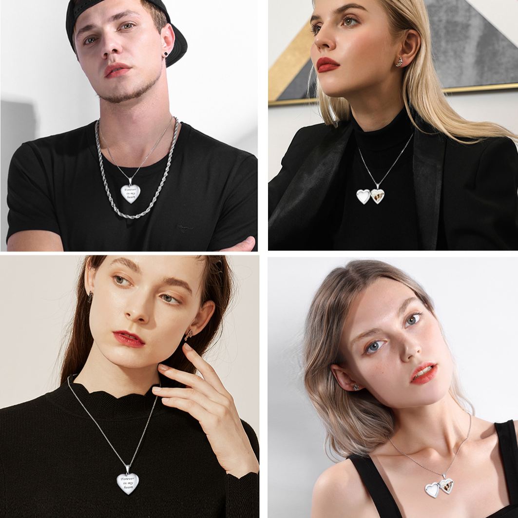 Custom Heart Photo Engraved Charm Bracelet & Necklace Set