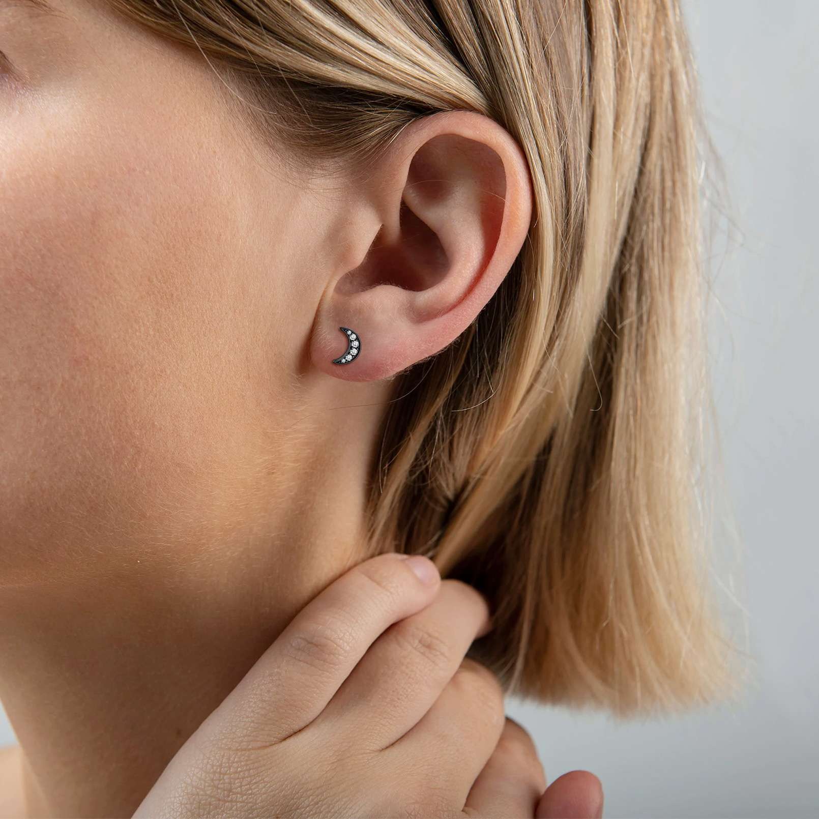 Flash Sale Sterling Silver Moon Black Onyx Stud Earrings
