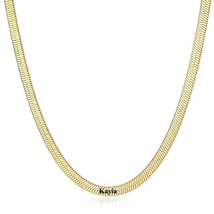 Gold 5mm Custom Engraved 1 Name Herringbone Chain Necklace 