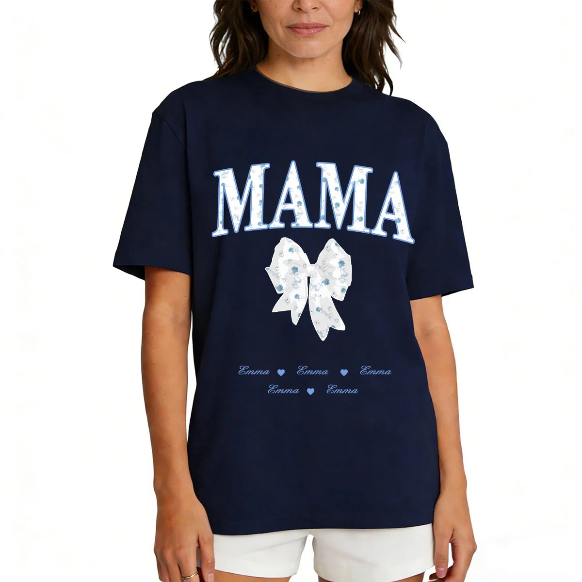 Personalized Bow T-Shirt for Mom Navy Blue