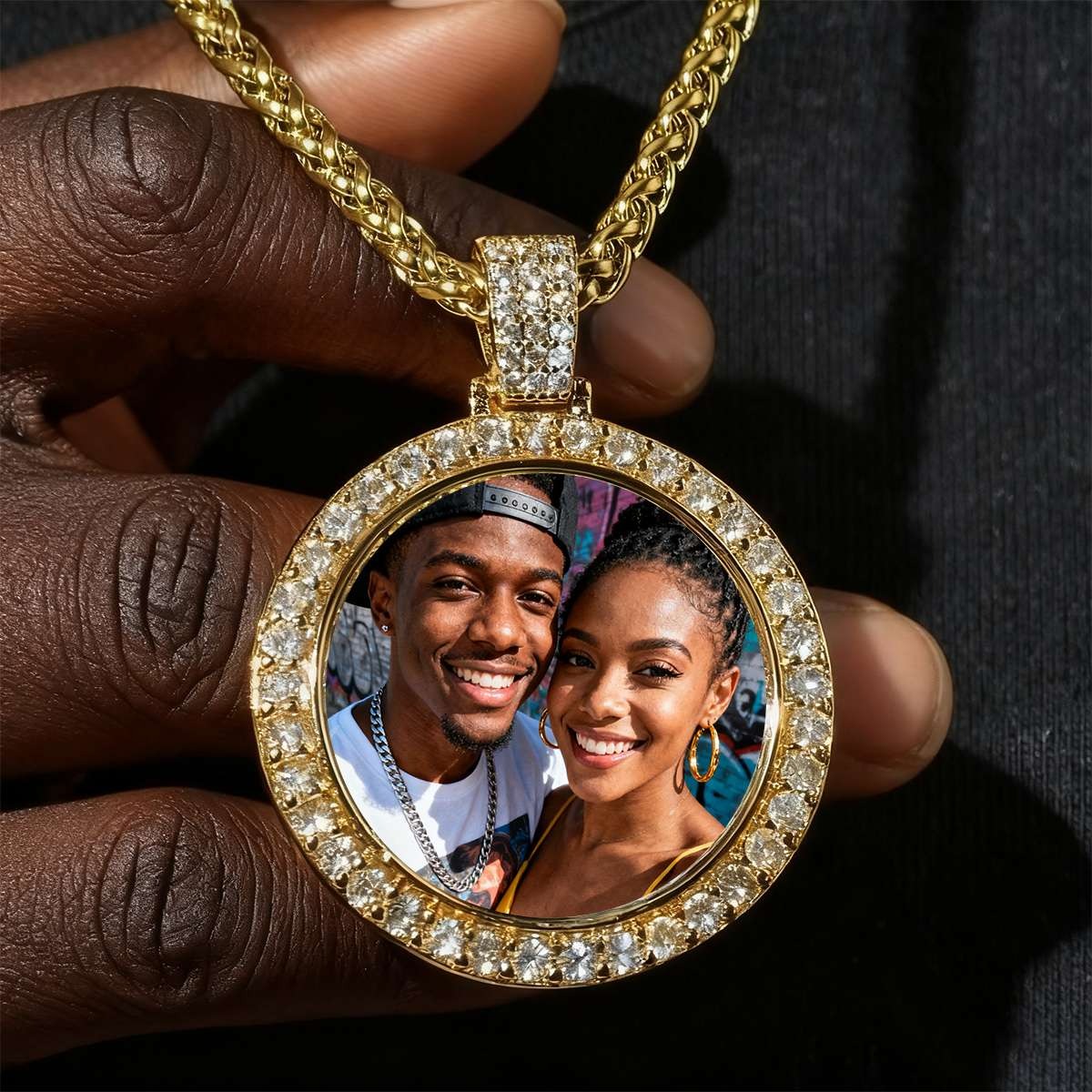 gold Iced Out Photo Necklace - Custom Circle Chain with Picture