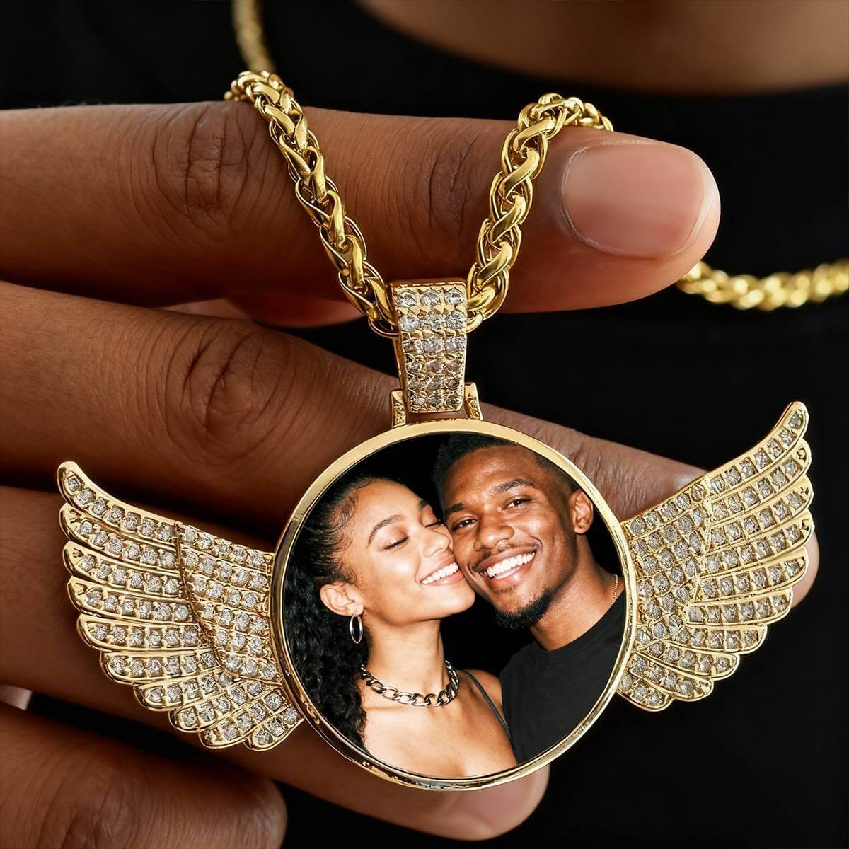 Personalized  Photo Necklace Angel Wing Circle Chain with Picture