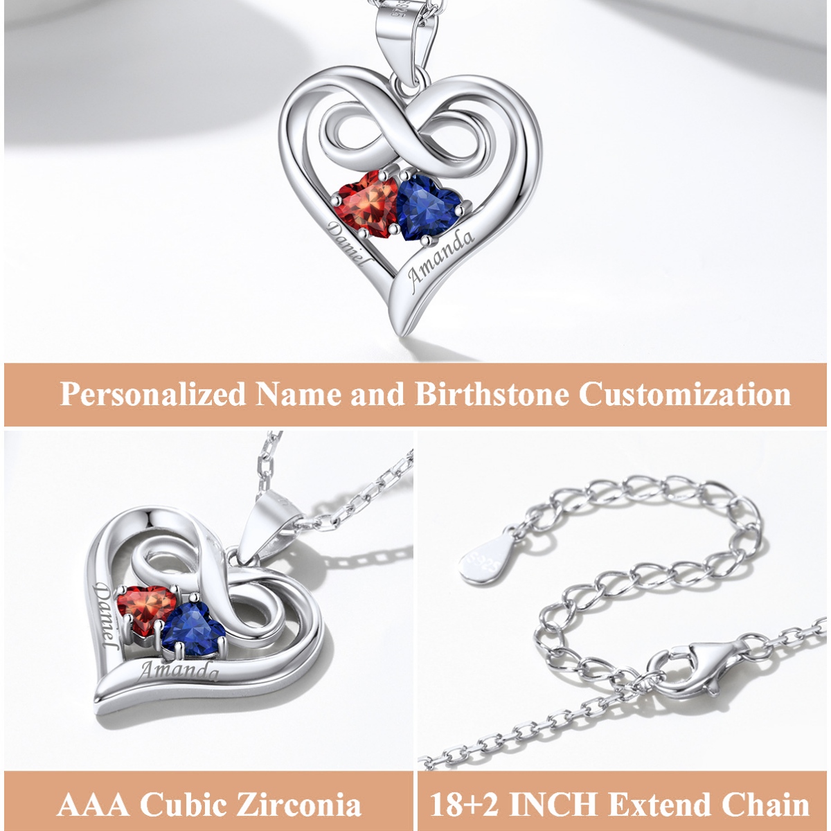 Sterling Silver Heart Infinity Birthstones Necklace detail