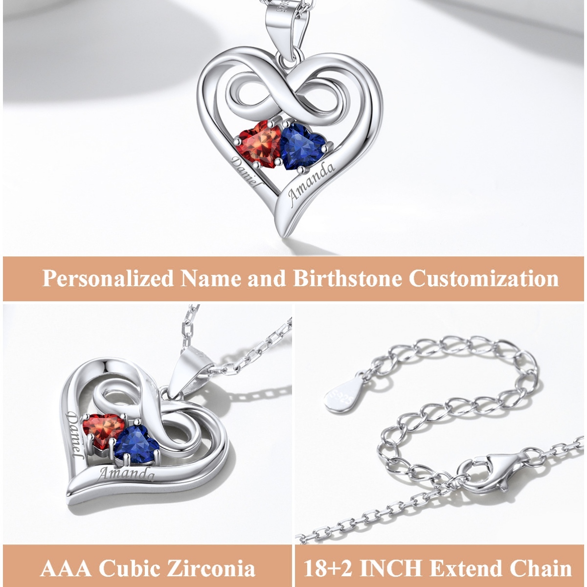 Sterling Silver Heart Infinity Birthstones Necklace detail