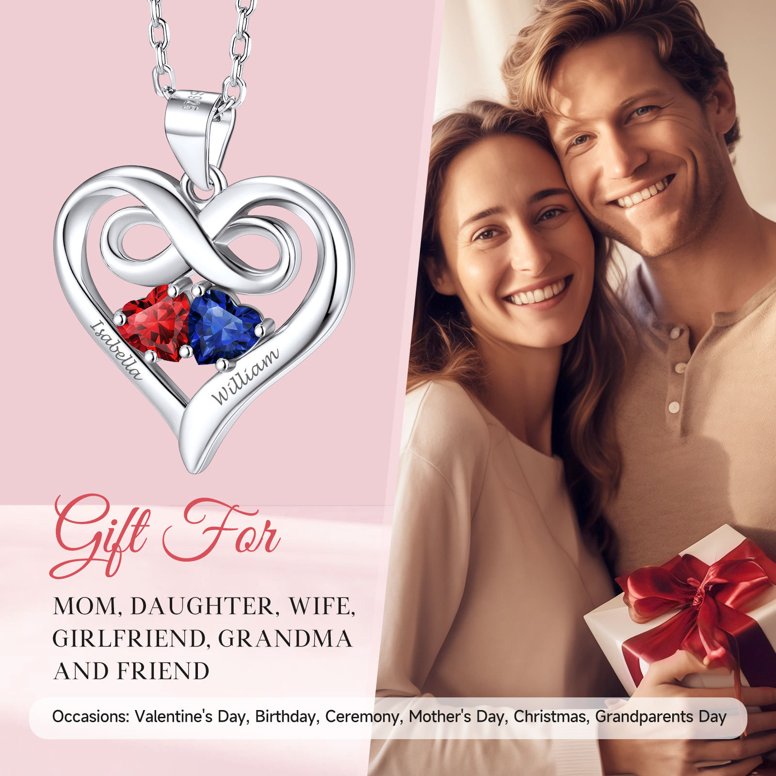 Sterling Silver Heart Infinity Birthstones Necklace gift