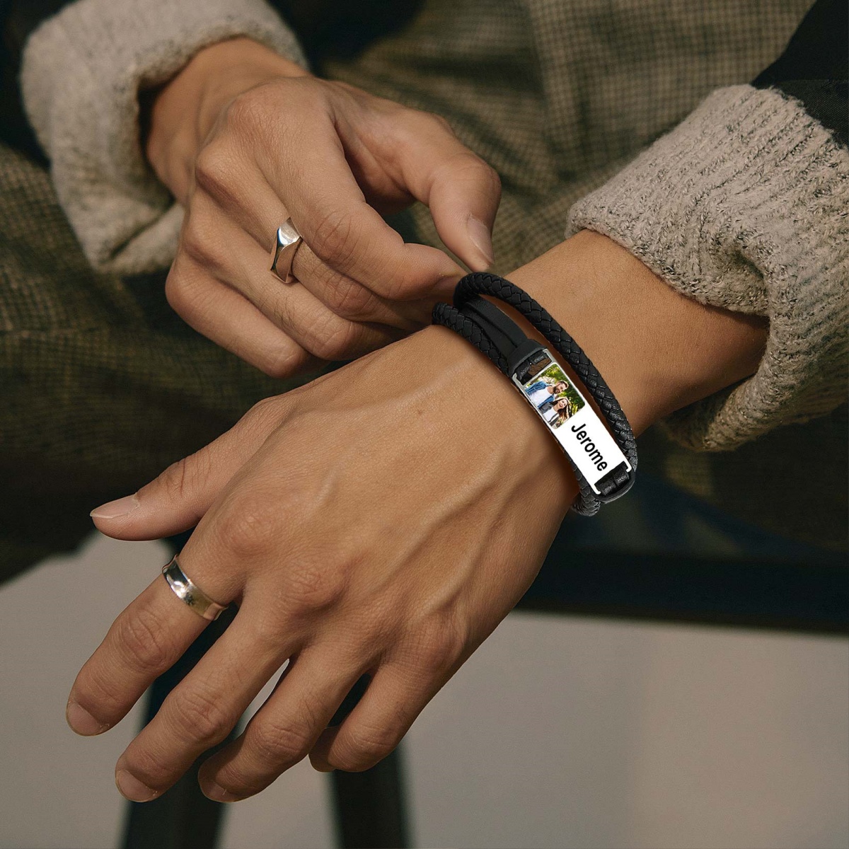 Custom Mens Photo Engraved Leather Bracelet | Father's Day Gift