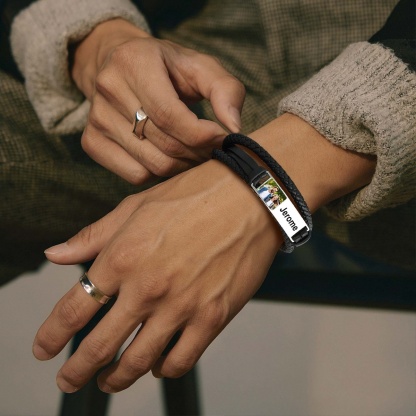 Custom Mens Photo Engraved Leather Bracelet | Father's Day Gift